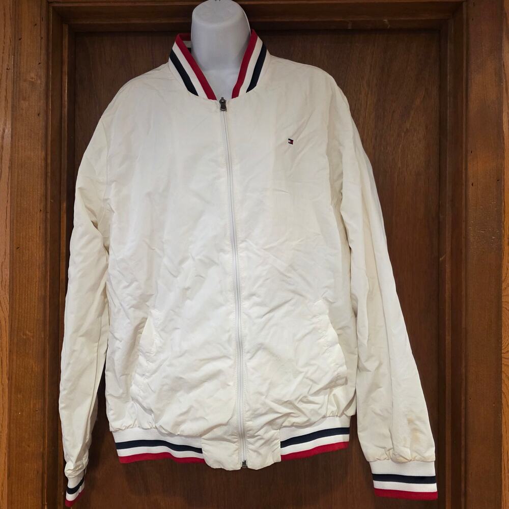 Tommy Hilfiger softshell varsity bomber jacket striped ribbed trim sz L- AS IS